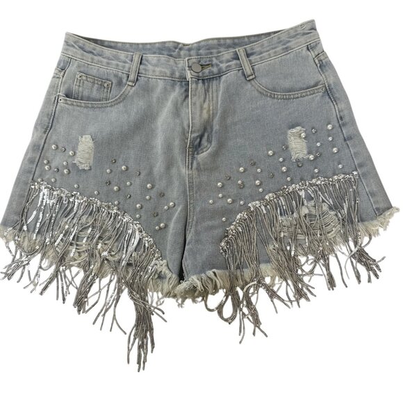 Fringe Denim Shorts With Pearls/Sequins Ripped Details Light Wash 3XL  Cotton - Picture 1 of 8